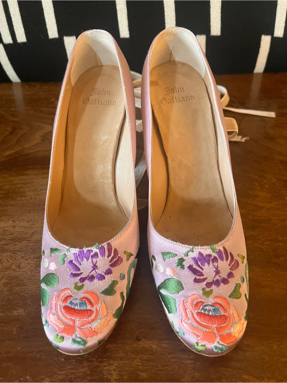 John Galliano Pink Satin Floral Embroidered Pumps 37.5
